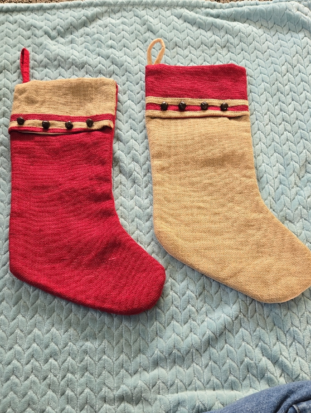 Set of 2 Holiday Stockings in Red and Tan